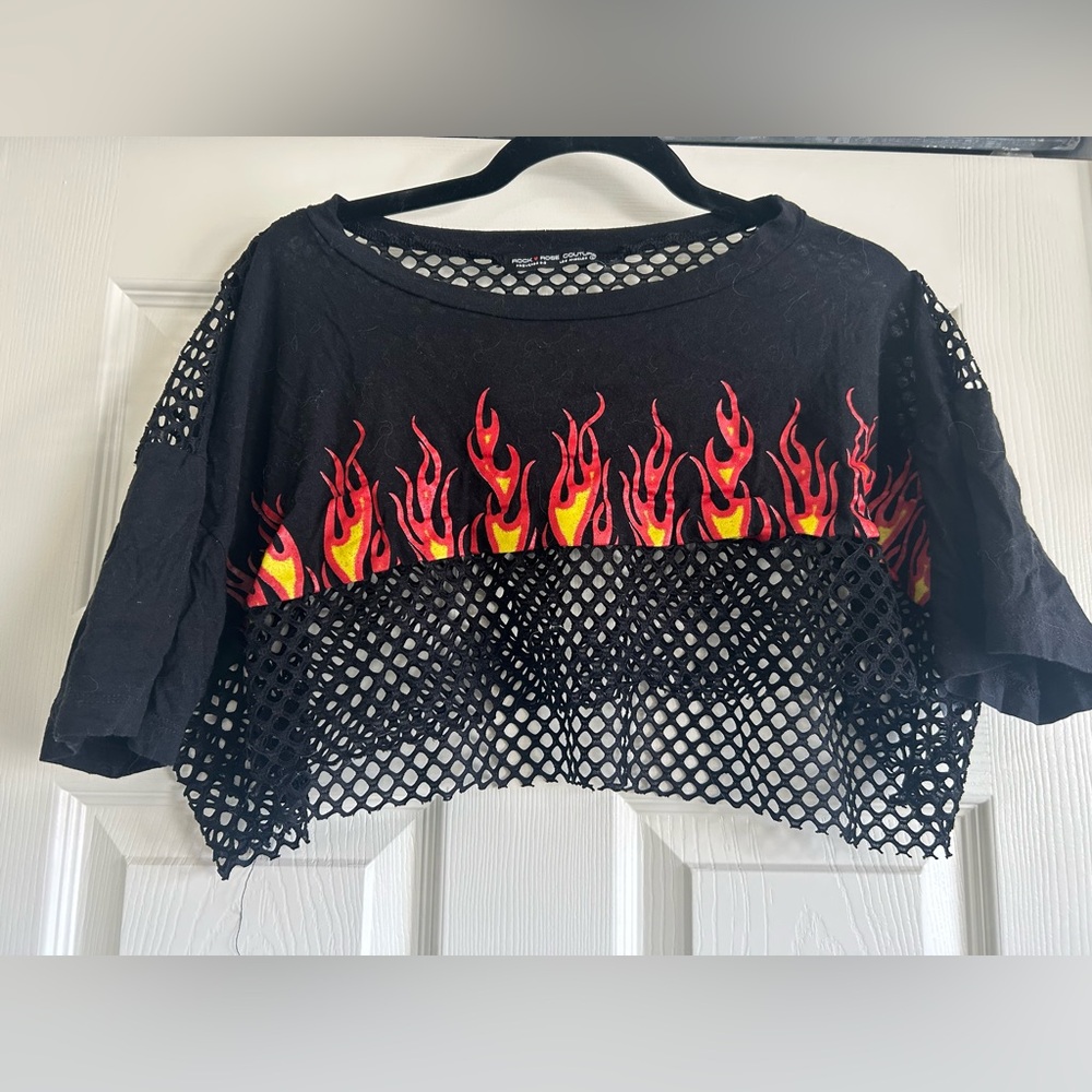 LF Black Mesh Crop Top with Flame Design